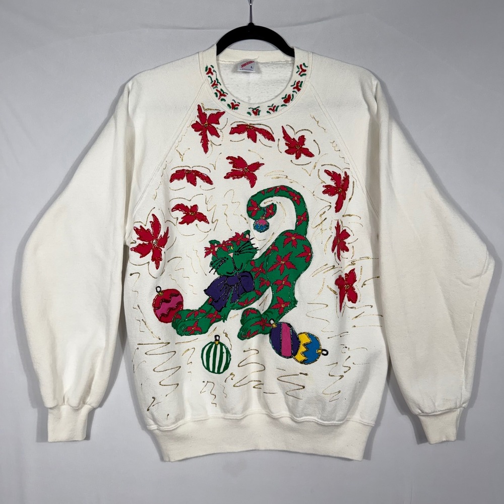 Vtg 90s‎ Y2K Ugly Christmas Sweatshirt Cat Puff Paint Jerzees Lg White Holiday
